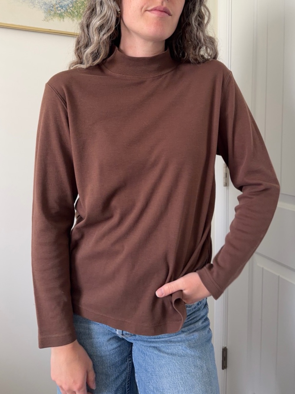 Vintage Brown Mock Neck Long Sleeve Top